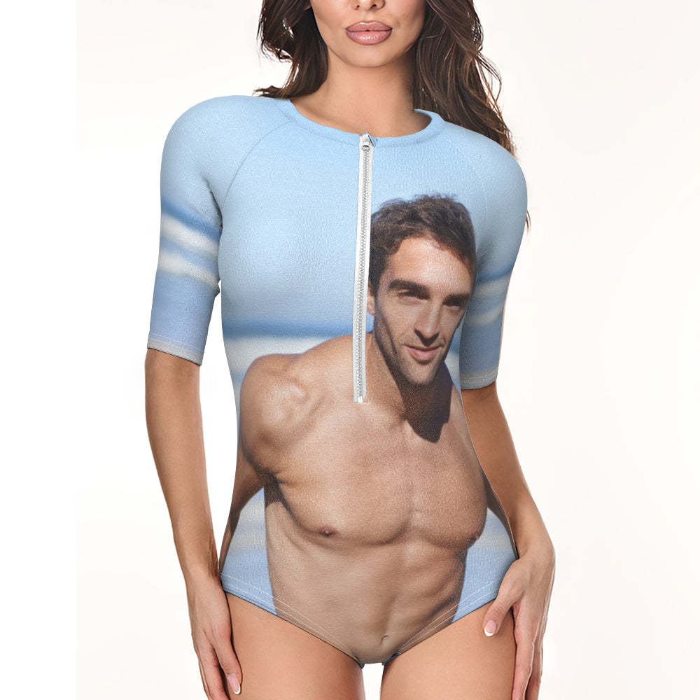 Custom Photo Half Sleeve Swimsuit One Piece Swimwear Personalized Women's Half Sleeve Swimsuit - MyFaceSwimsuit