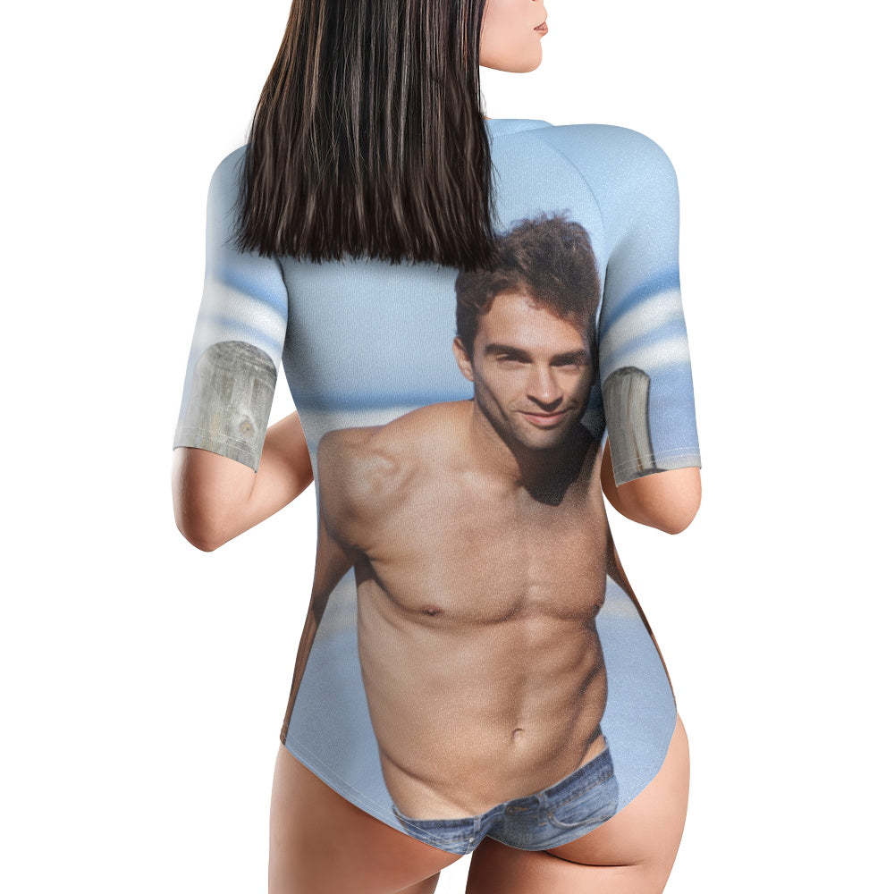 Custom Photo Half Sleeve Swimsuit One Piece Swimwear Personalized Women's Half Sleeve Swimsuit - MyFaceSwimsuit