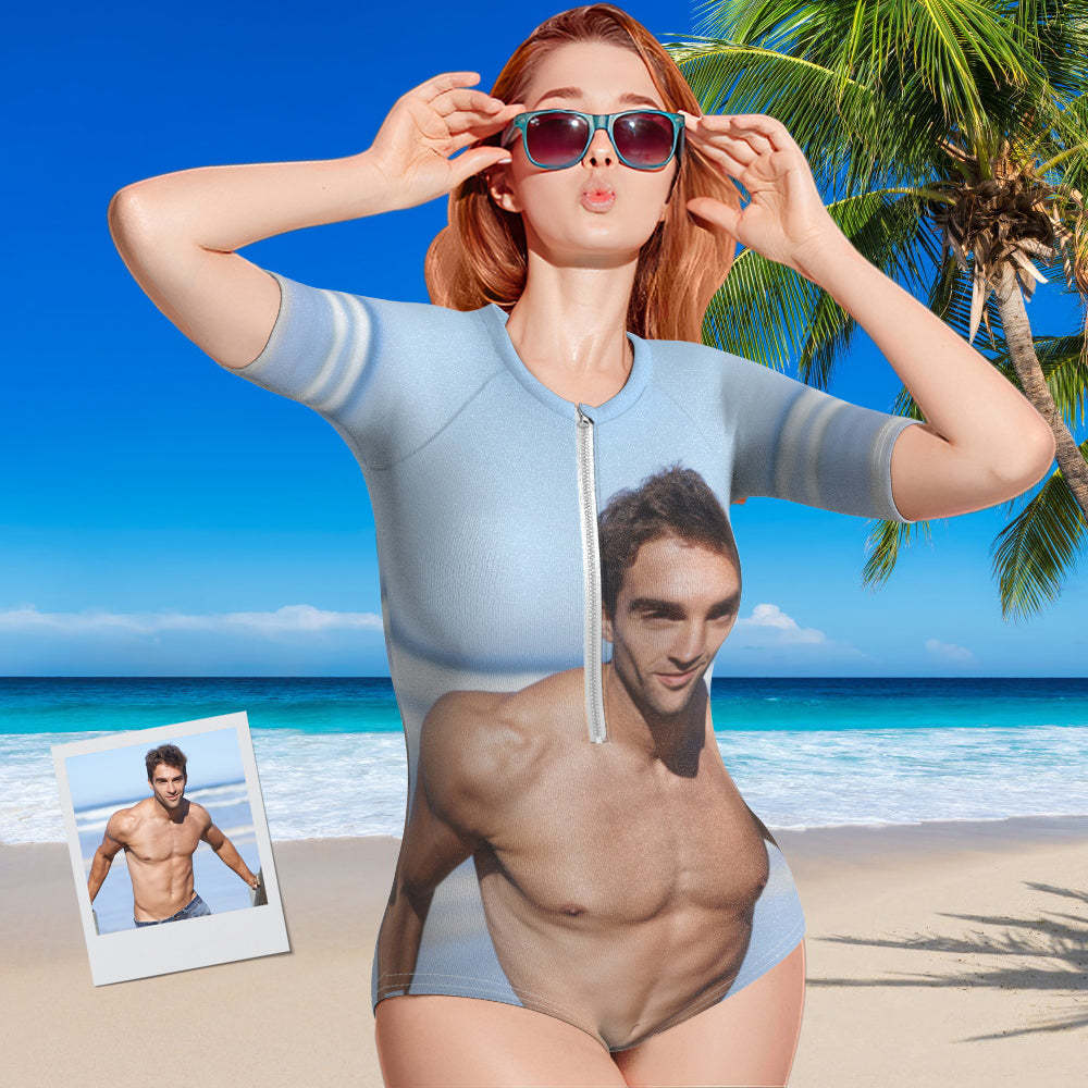 Custom Photo Half Sleeve Swimsuit One Piece Swimwear Personalized Women's Half Sleeve Swimsuit - MyFaceSwimsuit