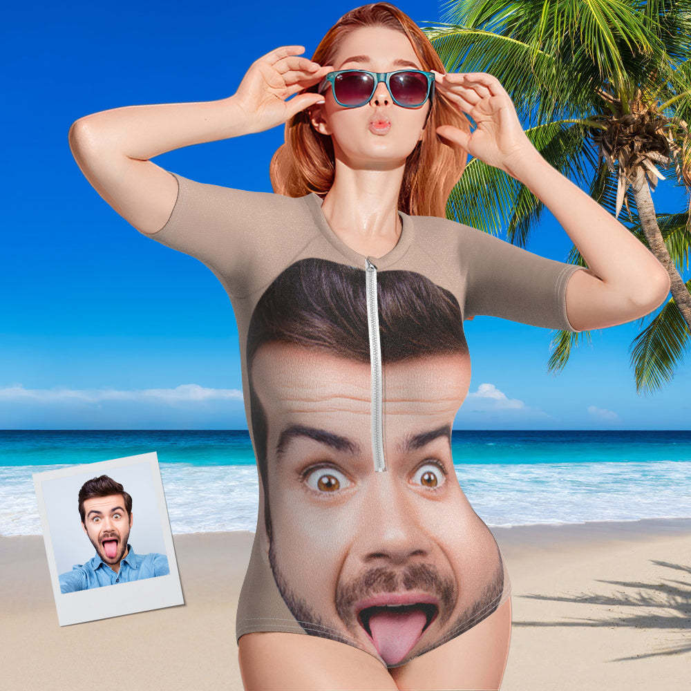Custom Face Half Sleeve Swimsuit One Piece Swimwear Personalized Funny Women's Half Sleeve Swimsuit - MyFaceSwimsuit