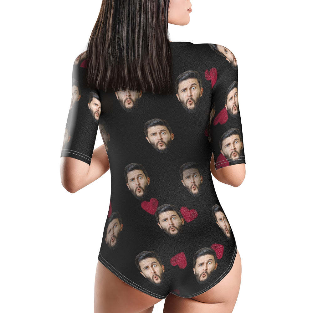 Custom Face Swimsuit One Piece Swimwear Personalized Heart Women's Half Sleeve Swimsuit - MyFaceSwimsuit