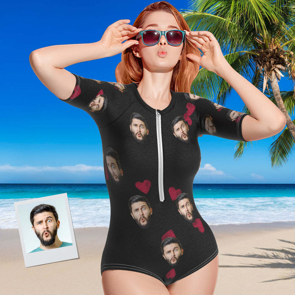 Custom Face Swimsuit One Piece Swimwear Personalized Heart Women's Half Sleeve Swimsuit - MyFaceSwimsuit