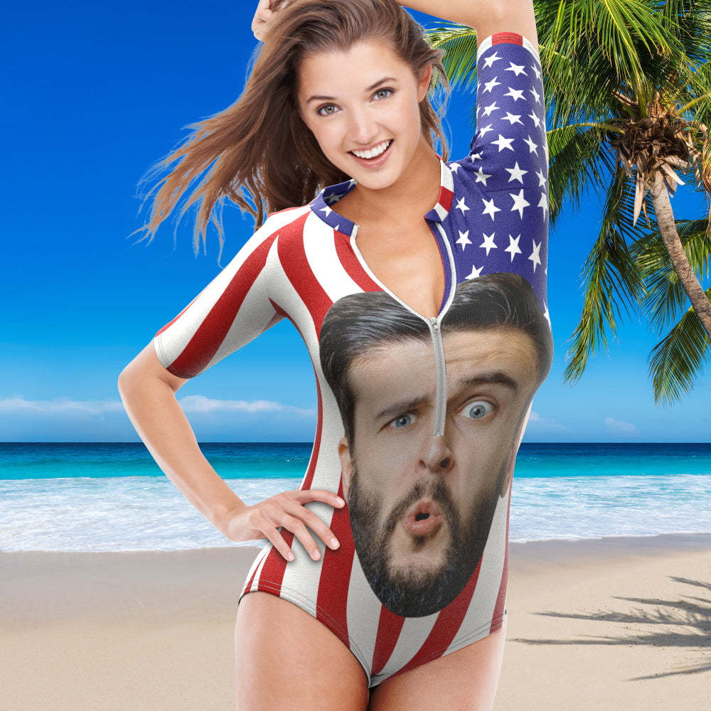 Custom Face Swimsuit One Piece Swimwear Personalized Flag Women's Half Sleeve Swimsuit - MyFaceSwimsuit