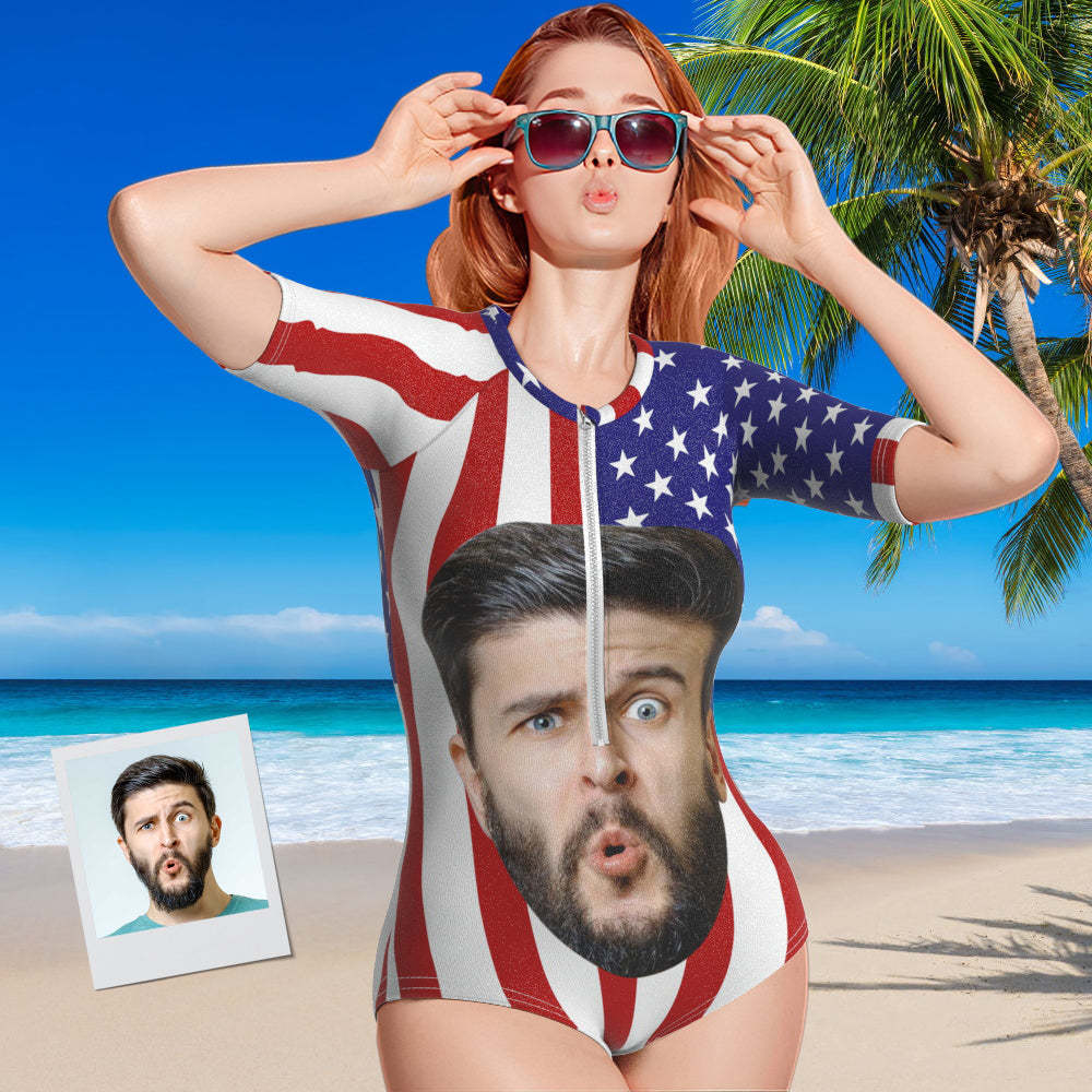 Custom Face Swimsuit One Piece Swimwear Personalized Flag Women's Half Sleeve Swimsuit - MyFaceSwimsuit