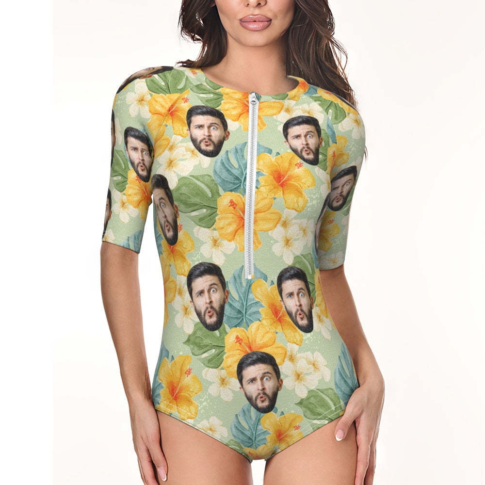 Custom Face Swimsuit One Piece Swimwear Personalized Yellow Flower Women's Half Sleeve Swimsuit - MyFaceSwimsuit