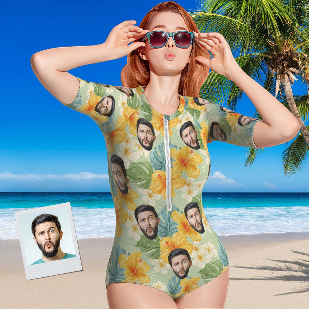 Custom Face Swimsuit One Piece Swimwear Personalized Yellow Flower Women's Half Sleeve Swimsuit - MyFaceSwimsuit