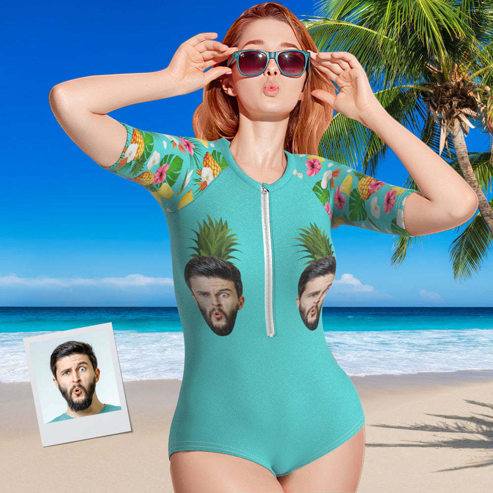 Custom Face Swimsuit One Piece Swimwear Personalized Pineapple Half Sleeve Swimsuit - MyFaceSwimsuit