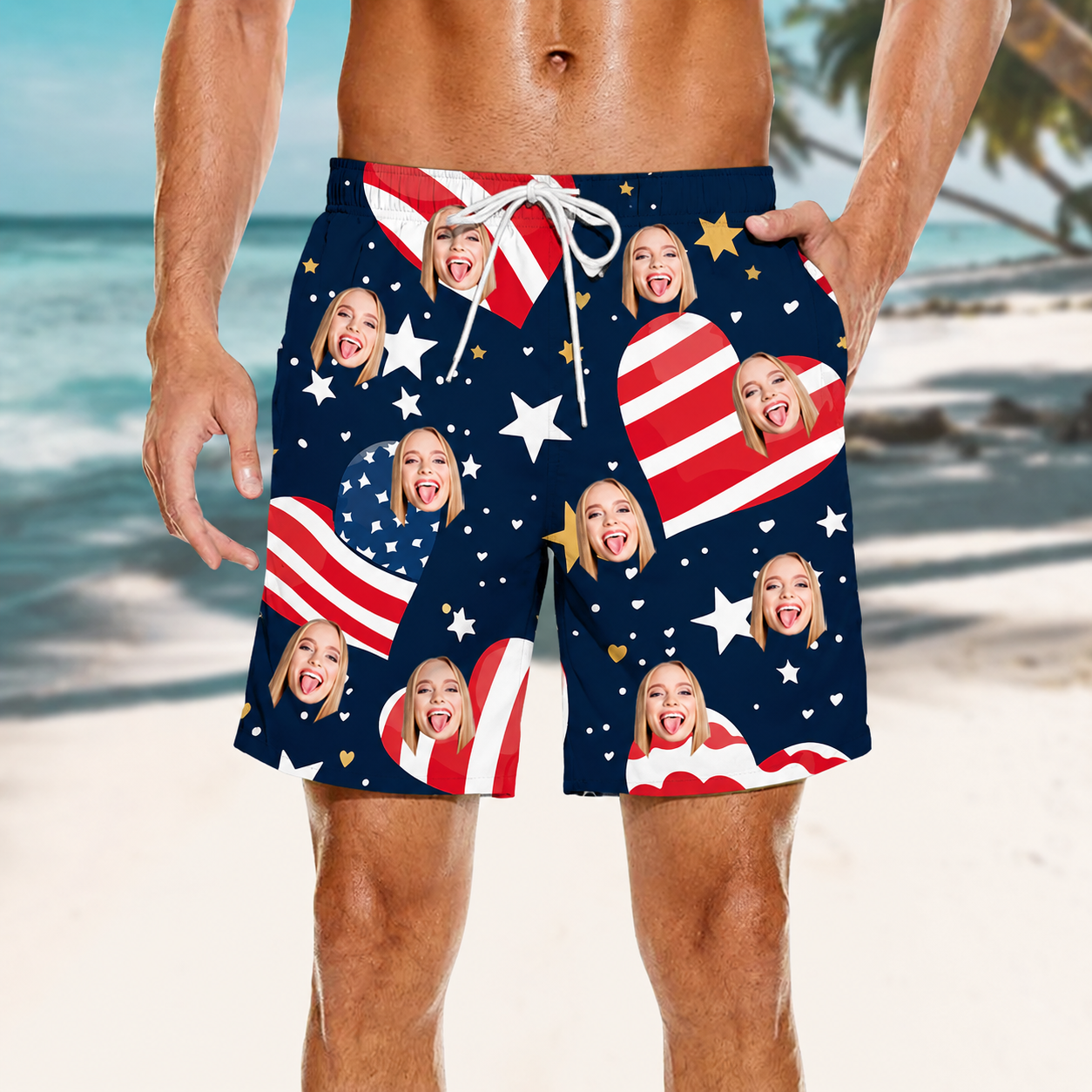 Custom Face Navy Blue Heart Flag Swimwear For Stylish Poolside Looks