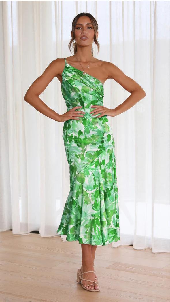 Summer 2025 Floral Print One-Shoulder Dress Women's Elegant Mermaid Hem Sundress with Spaghetti Straps