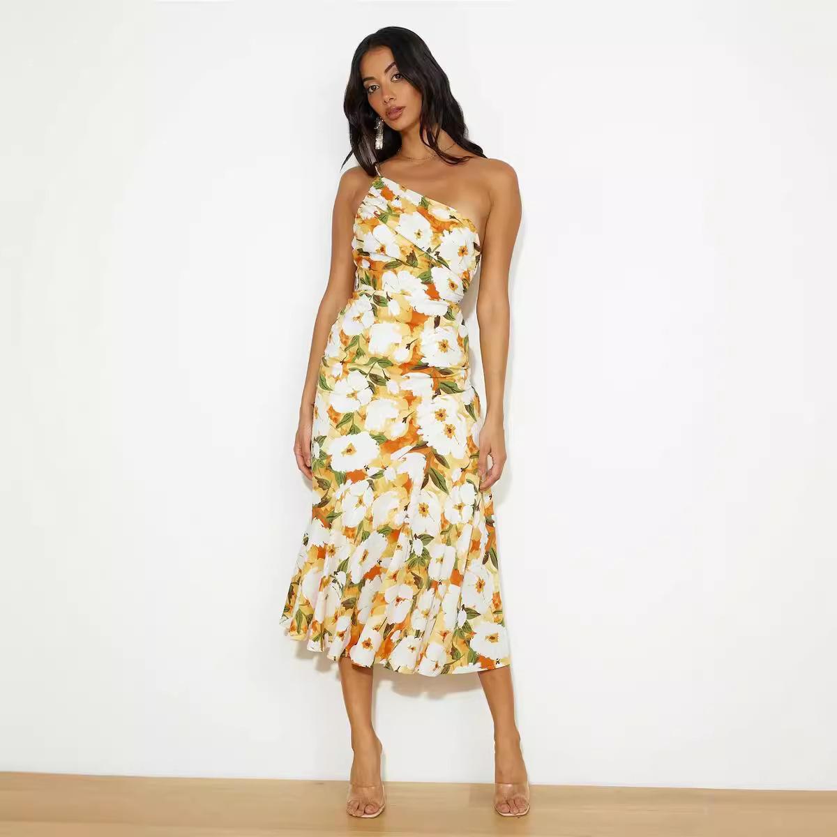 Summer 2025 Floral Print One-Shoulder Dress Women's Elegant Mermaid Hem Sundress with Spaghetti Straps