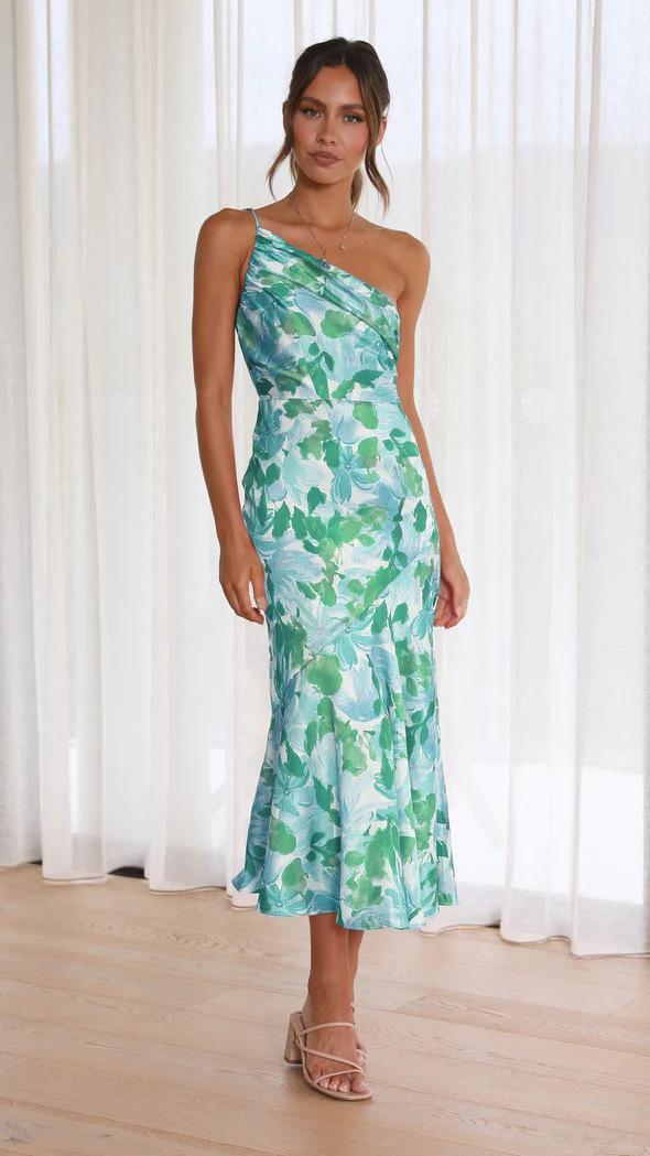 Summer 2025 Floral Print One-Shoulder Dress Women's Elegant Mermaid Hem Sundress with Spaghetti Straps
