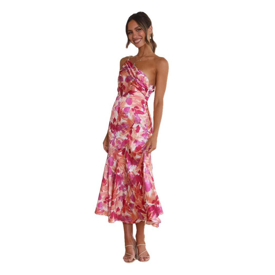 Summer 2025 Floral Print One-Shoulder Dress Women's Elegant Mermaid Hem Sundress with Spaghetti Straps