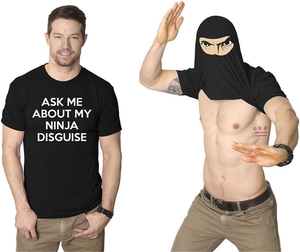 Men's Funny Flip T-Shirt Ask Me About My Ninja Disguise Hidden Mask Tee Funny Shirt