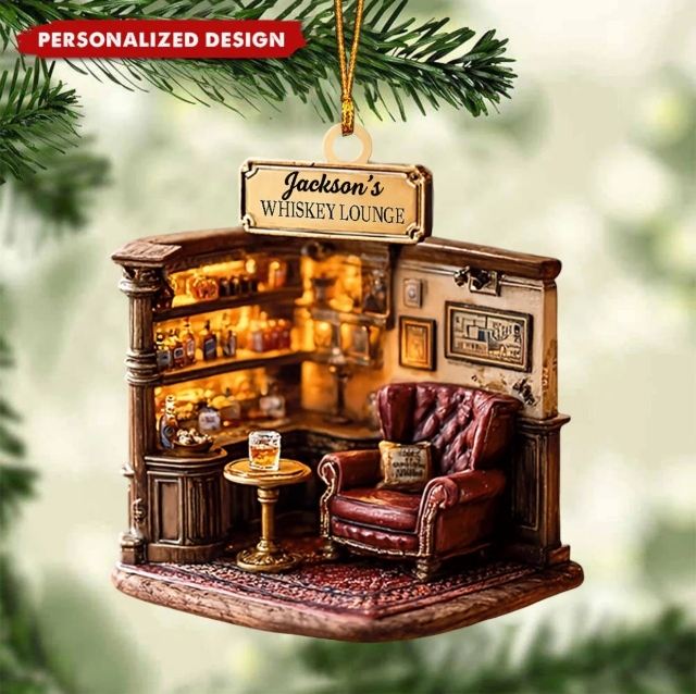 Personalized 2D Whiskey Lounge Ornament Custom Christmas Gift for Whiskey Lovers