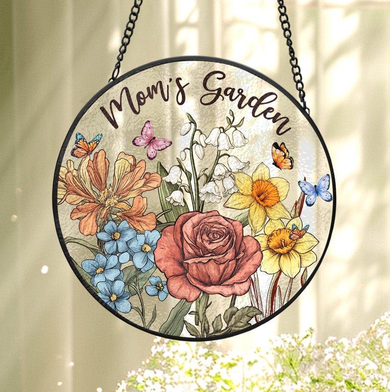 Custom Family Birth Flowers Glass Suncatcher Custom Mom's Garden Gift Flower Glass Art Birth Flower Gift Mother's Day Gift Home Decor