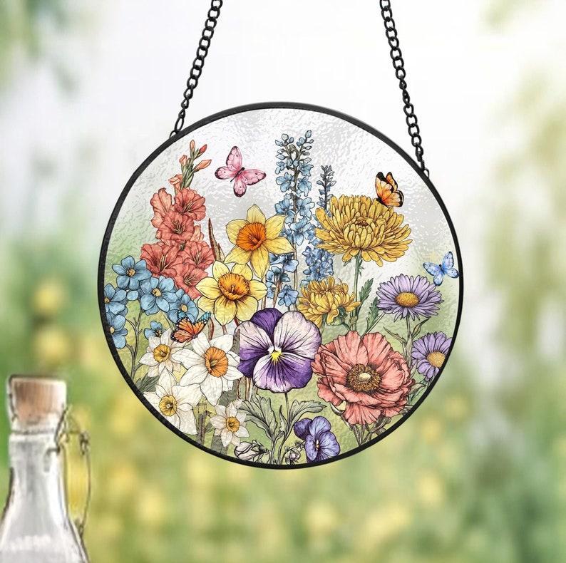 Custom Family Birth Flowers Glass Suncatcher Custom Mom's Garden Gift Flower Glass Art Birth Flower Gift Mother's Day Gift Home Decor