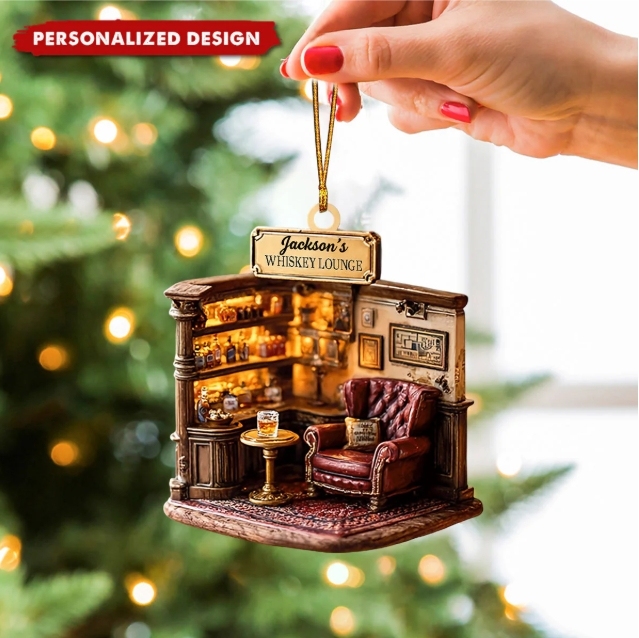 Personalized 2D Whiskey Lounge Ornament Custom Christmas Gift for Whiskey Lovers
