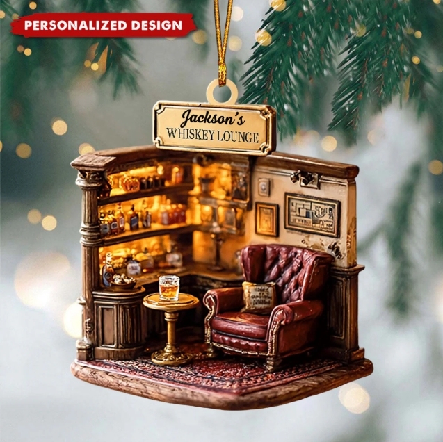 Personalized 2D Whiskey Lounge Ornament Custom Christmas Gift for Whiskey Lovers
