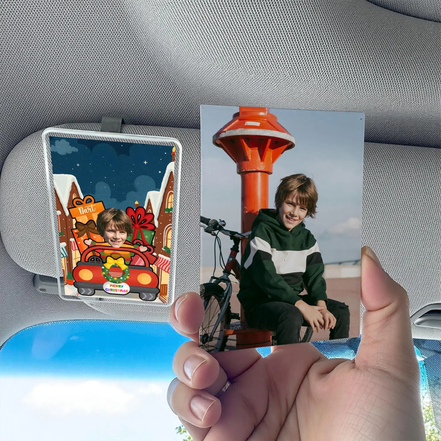 Custom Christmas Acrylic Visor Clip, Personalized Car Accessory Child Photo with Name, Funny Holiday Driving Gift Decoration, Christmas Gift - 