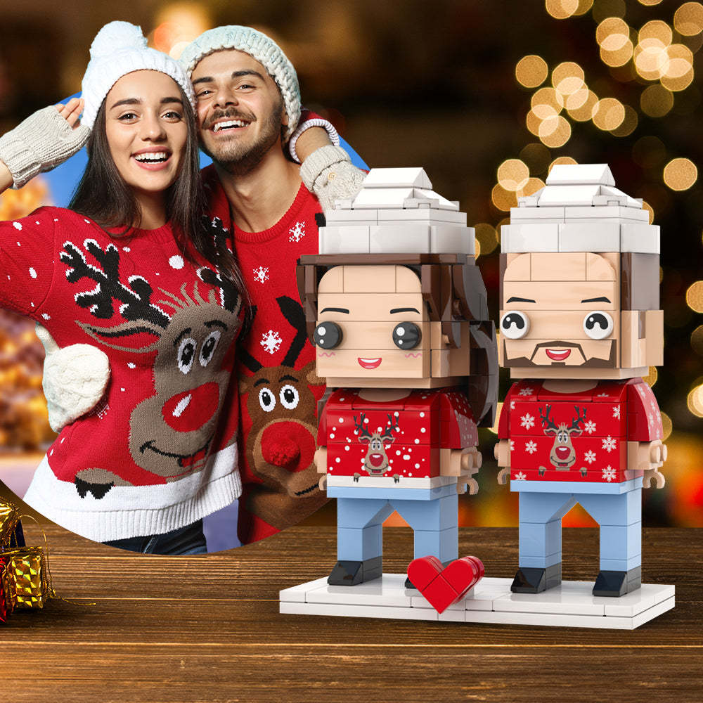 Ugly Christmas Sweater Personalized Fully Body 2 People Custom Brick Figures Christmas Deer Style -