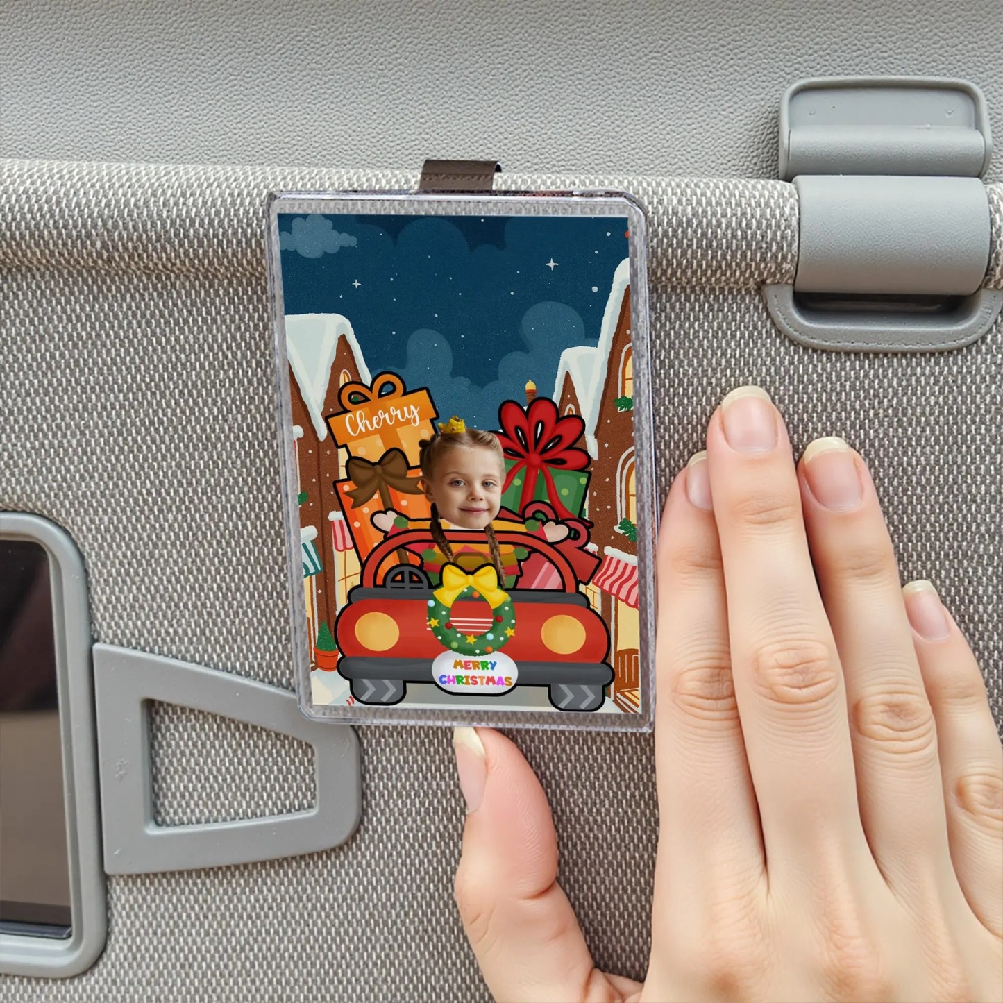 Custom Christmas Acrylic Visor Clip, Personalized Car Accessory Child Photo with Name, Funny Holiday Driving Gift Decoration, Christmas Gift - 