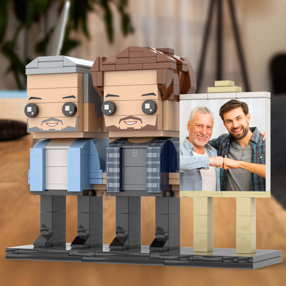 Full Body Customizable 2 People Dad And Son Fist Bump Photo Frame Personalized Custom Brick Figures Small Particle Block Toy Personalized For Father's Day -