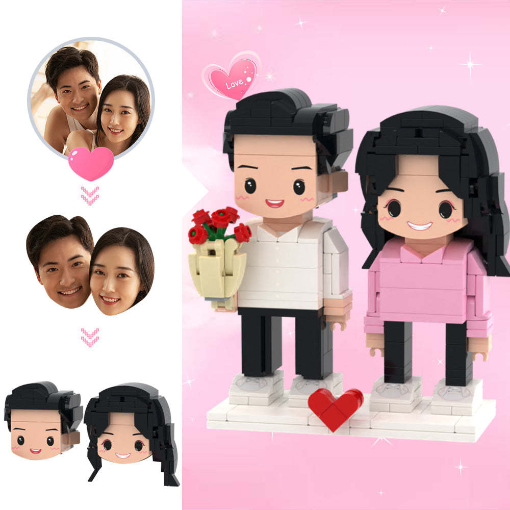 Gifts for Her Custom Head Cute Brick Figures Personalized 2 People Cute Brick Figures Couple with Rose Brick Figures -
