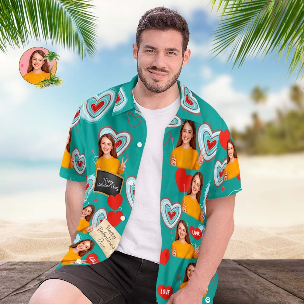 Custom Photo Hawaiian Shirts Personalized Photos Valentine's Day Gift Men's Shirts - Sweet Love Green