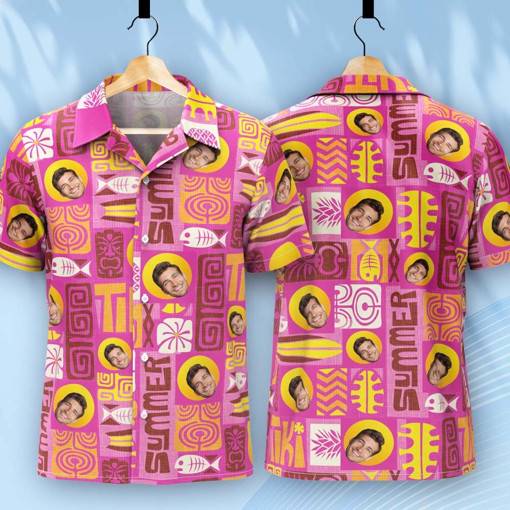 Father Custom Face With Exotic Tiki Pattern Personalized Photo Hawaiian Shirt -