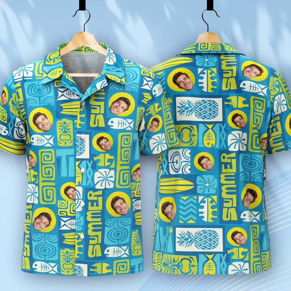 Father Custom Face With Exotic Tiki Pattern Personalized Photo Hawaiian Shirt -