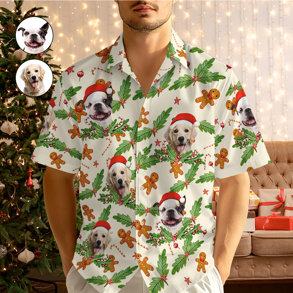 Custom Photo Gingerbread Hawaiian Shirt Personalized Candy Cane Hawaiian Shirt Gift For Christmas -