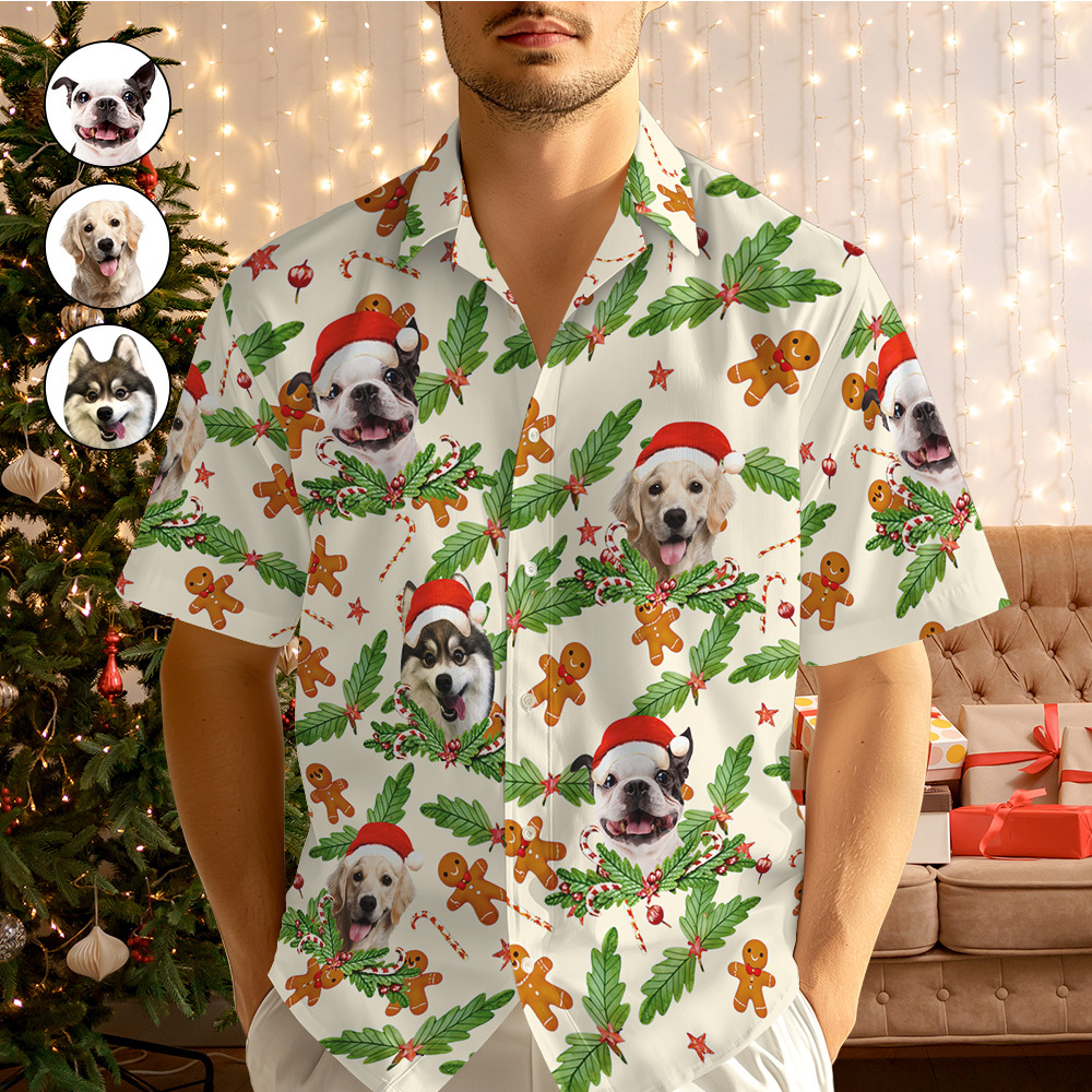 Custom Photo Gingerbread Hawaiian Shirt Personalized Candy Cane Hawaiian Shirt Gift For Christmas -