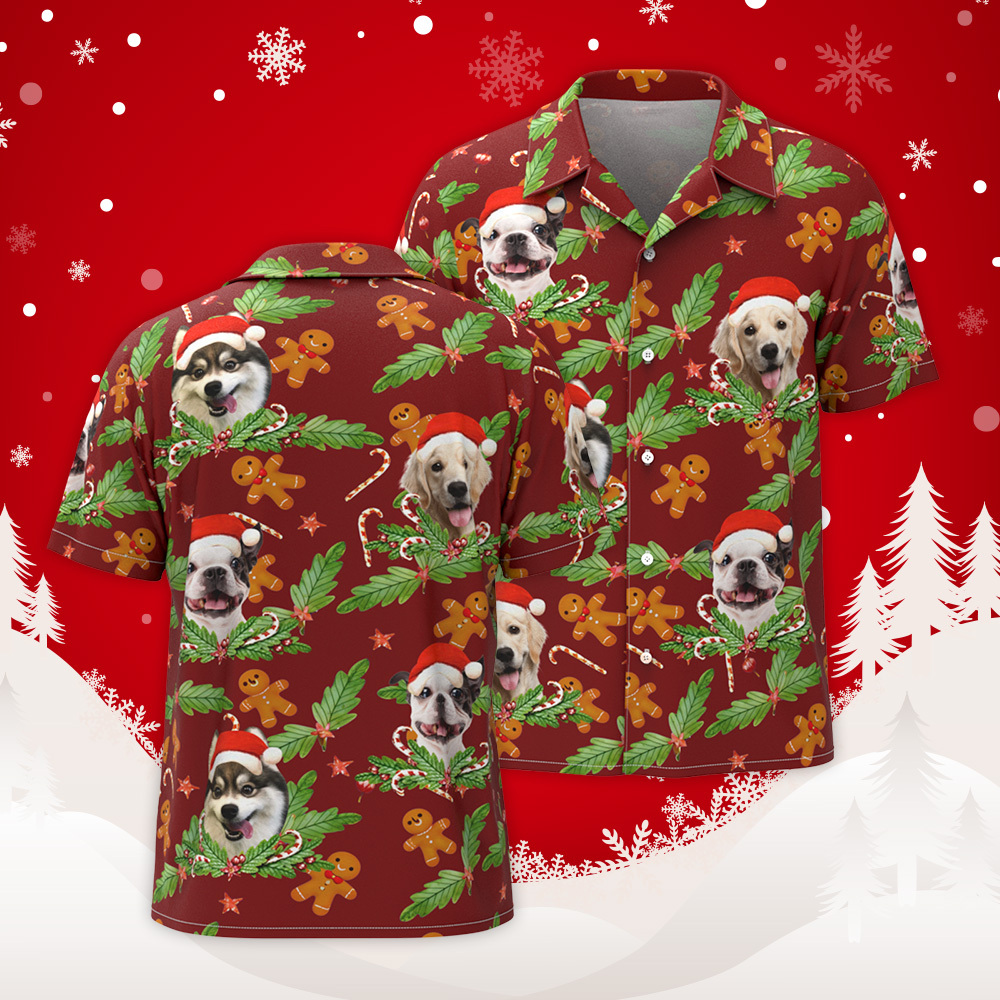 Custom Photo Gingerbread Hawaiian Shirt Personalized Candy Cane Hawaiian Shirt Gift For Christmas -