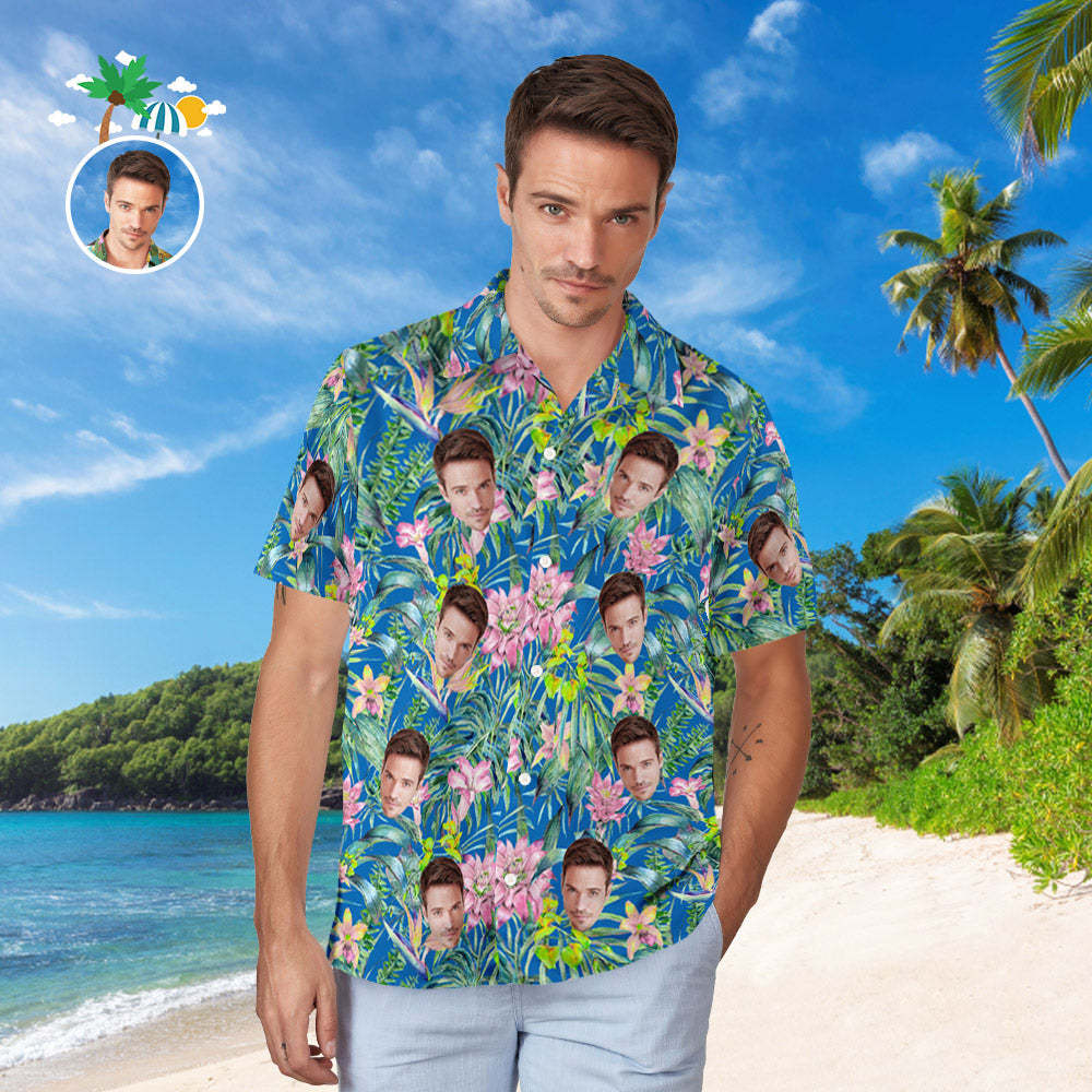 Custom Face Hawaiian Shirt Men's Popular All Over Print Hawaiian Beach Shirt Holiday Gift - Pink Flower