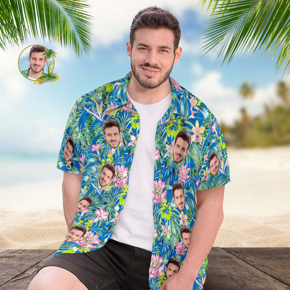 Custom Face Hawaiian Shirt Men's Popular All Over Print Hawaiian Beach Shirt Holiday Gift - Pink Flower