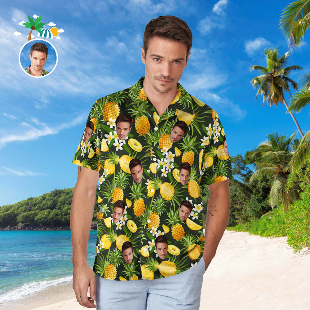 Custom Face Hawaiian Shirt Men's Popular All Over Print Hawaiian Beach Shirt Holiday Gift - Pineapple and Flowers