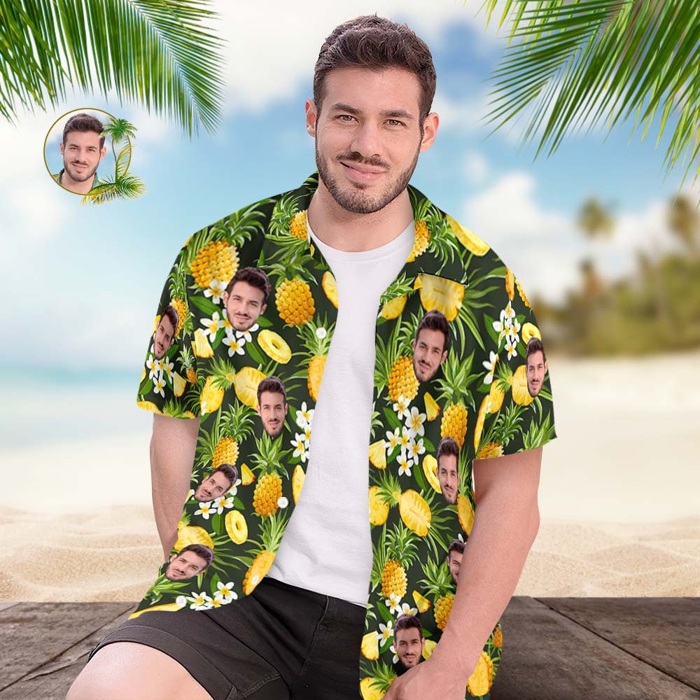 Custom Face Hawaiian Shirt Men's Popular All Over Print Hawaiian Beach Shirt Holiday Gift - Pineapple and Flowers