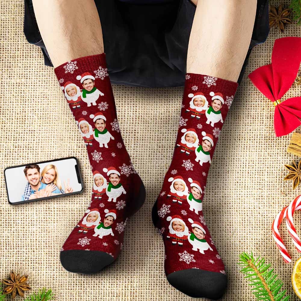 Custom Face Socks Personalized Christmas Shorts With Photo Santa and Snowman