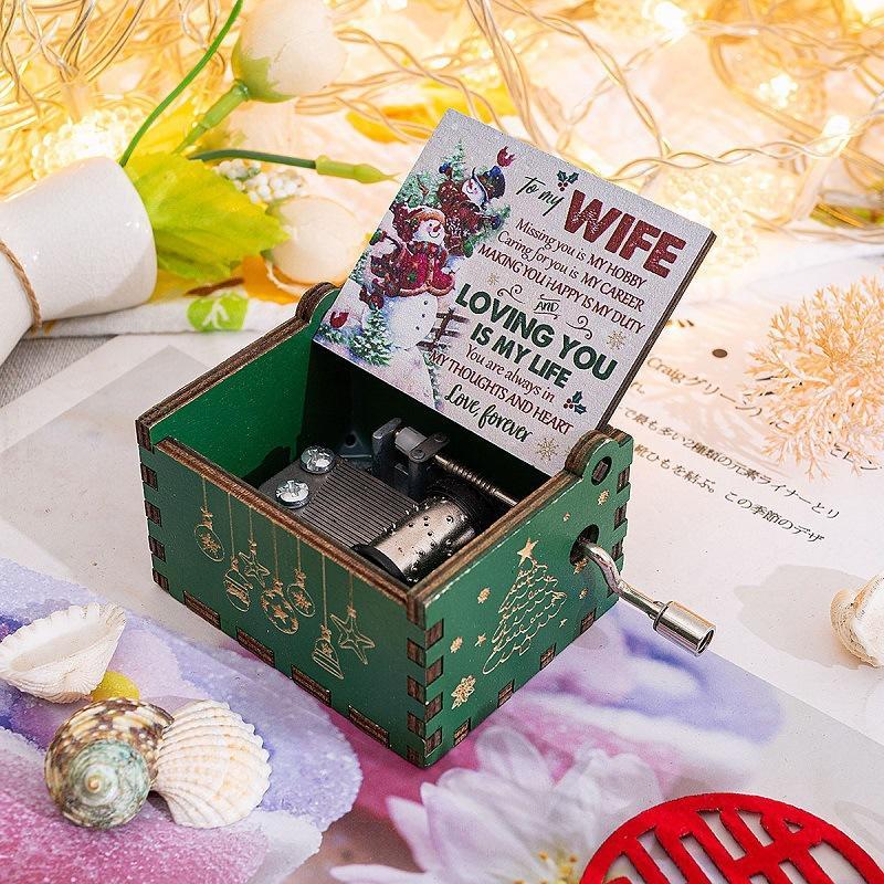 Hand-Crank Wooden Music Box - "We Wish You a Merry Christmas" Musical Gift, Painted Christmas Ornament - 