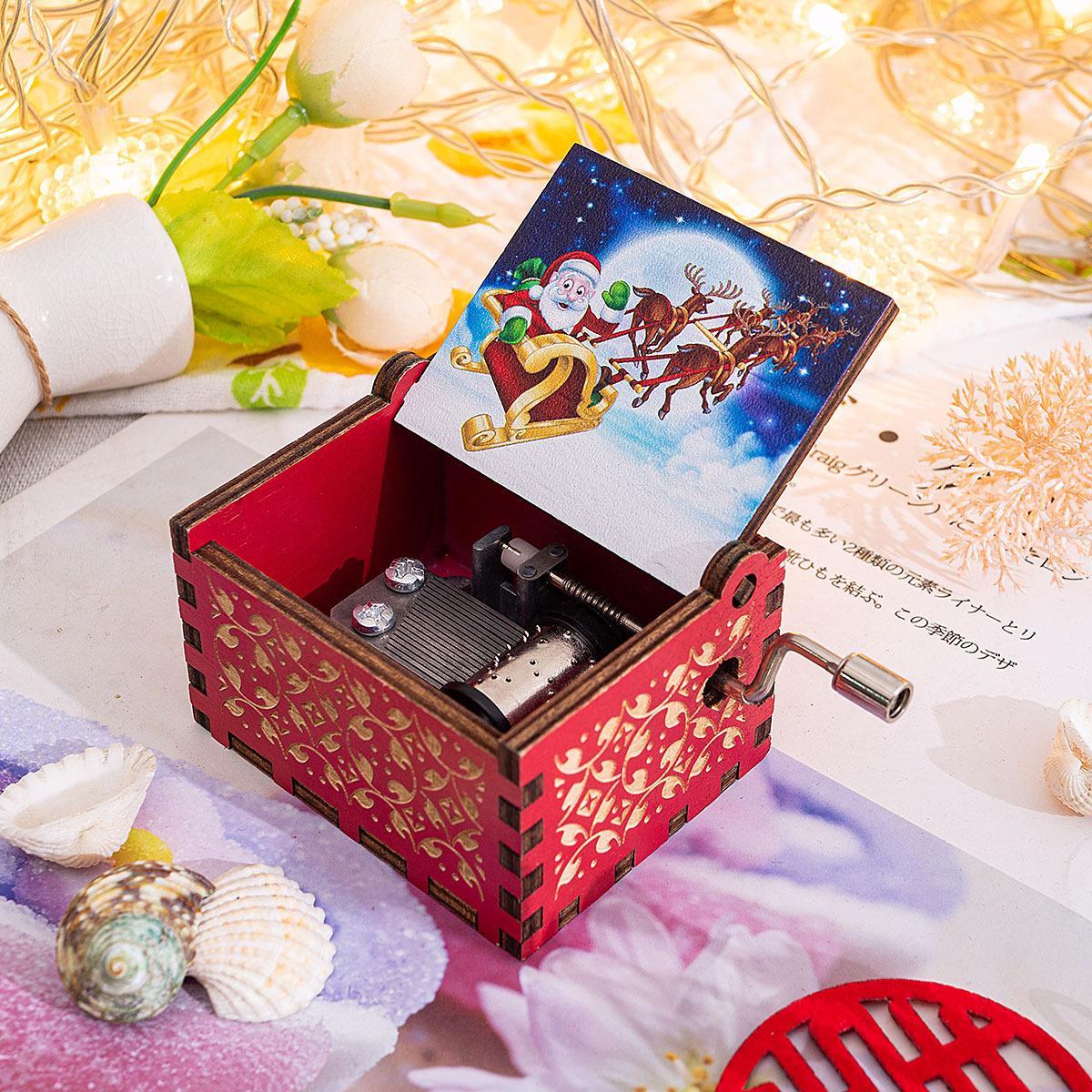 Hand-Crank Wooden Music Box - "We Wish You a Merry Christmas" Musical Gift, Painted Christmas Ornament - 