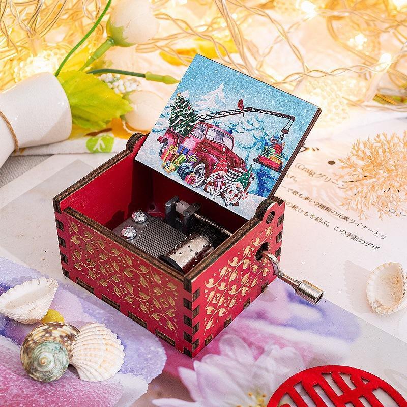 Hand-Crank Wooden Music Box - "We Wish You a Merry Christmas" Musical Gift, Painted Christmas Ornament - 