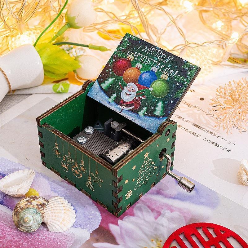 Hand-Crank Wooden Music Box - "We Wish You a Merry Christmas" Musical Gift, Painted Christmas Ornament - 