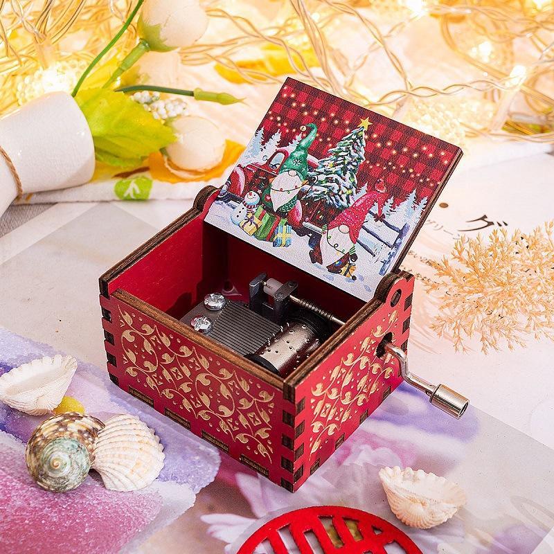 Hand-Crank Wooden Music Box - "We Wish You a Merry Christmas" Musical Gift, Painted Christmas Ornament - 