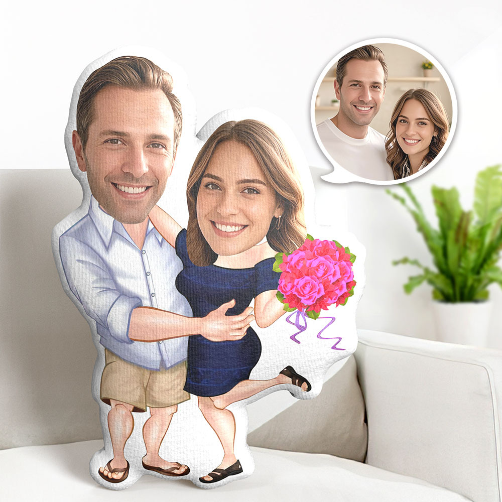 Custom Minime Pillow Couple Cushion Dolls Personalized Flowers Blue Skirt Photo Face Pillow Valentine's Day Gift -