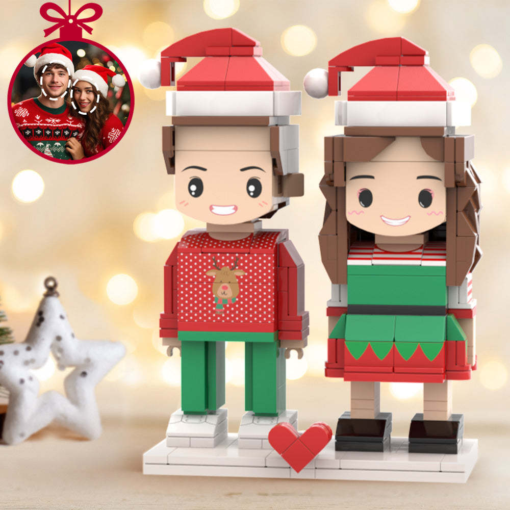 Custom Head 2 People Cute Brick Figures Personalized Christmas Elves Couple Brick Figures Small Particle Block Toy -