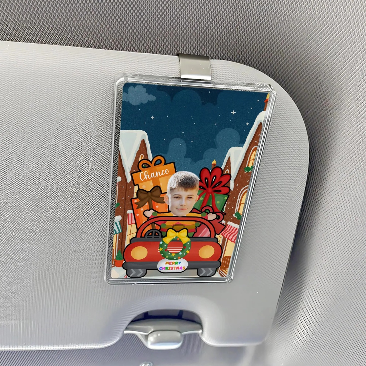 Custom Christmas Acrylic Visor Clip, Personalized Car Accessory Child Photo with Name, Funny Holiday Driving Gift Decoration, Christmas Gift - 