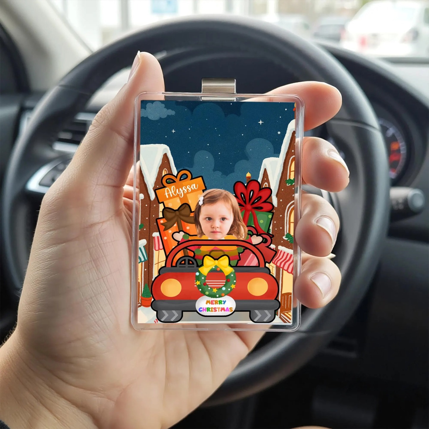 Custom Christmas Acrylic Visor Clip, Personalized Car Accessory Child Photo with Name, Funny Holiday Driving Gift Decoration, Christmas Gift - 