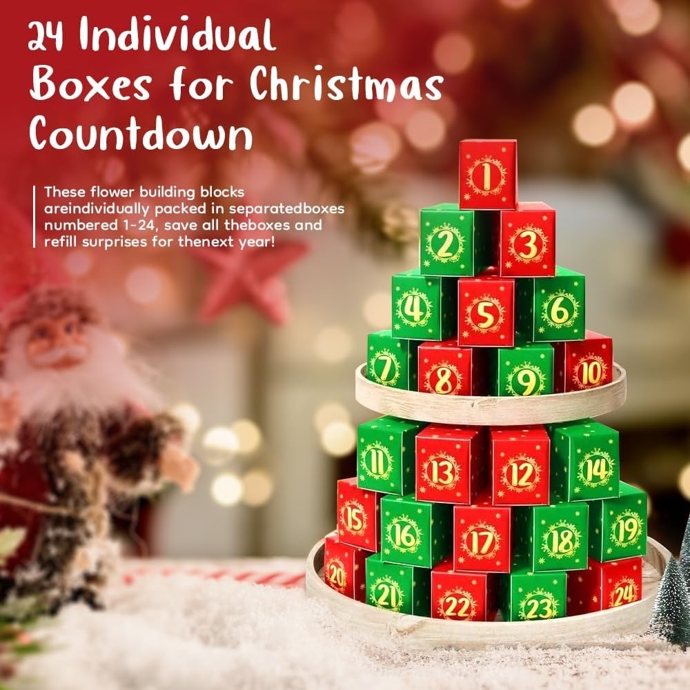 24 Days of Christmas Flower Bouquet Advent Calendar Building Blocks Christmas Countdown Blind Box - 