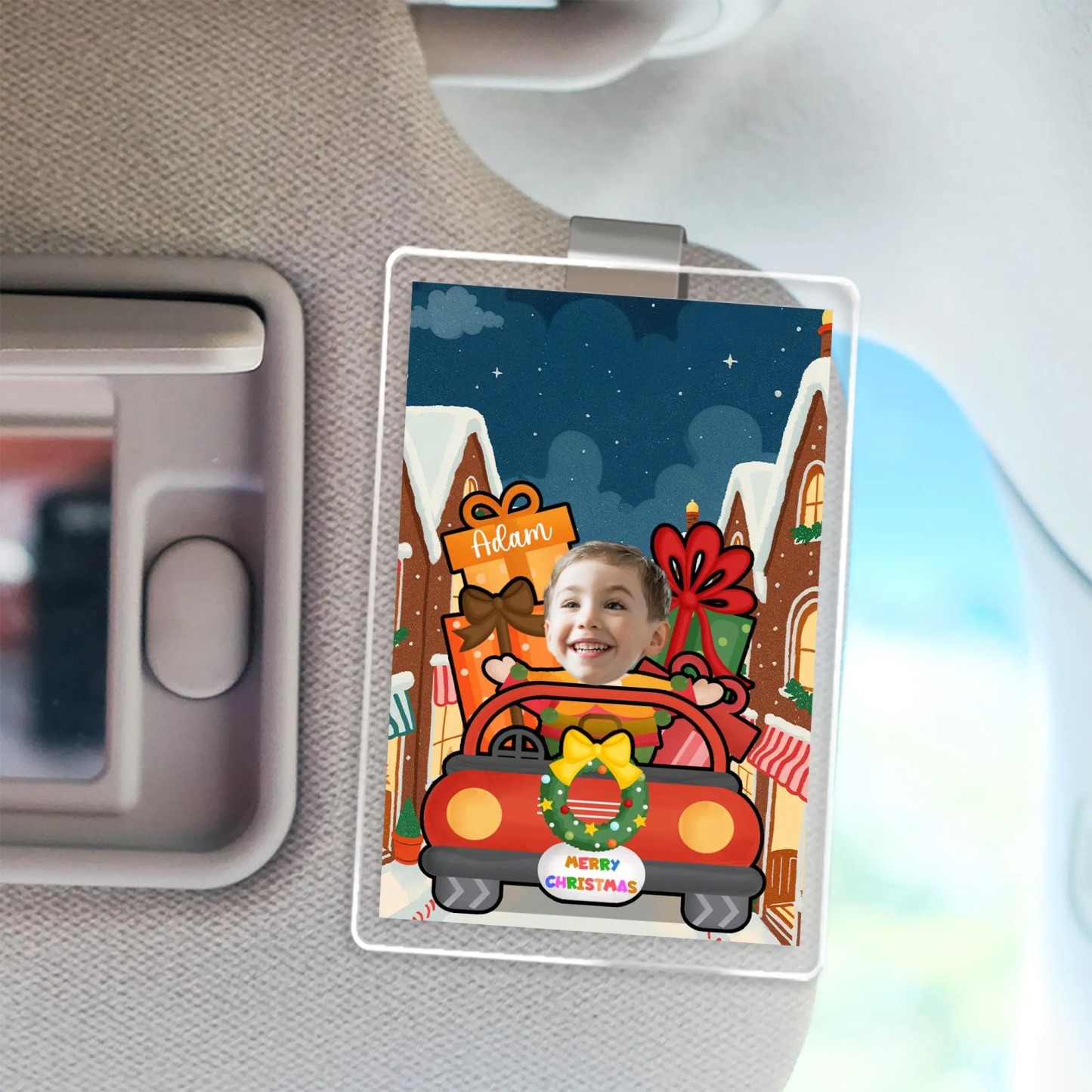 Custom Christmas Acrylic Visor Clip, Personalized Car Accessory Child Photo with Name, Funny Holiday Driving Gift Decoration, Christmas Gift - 