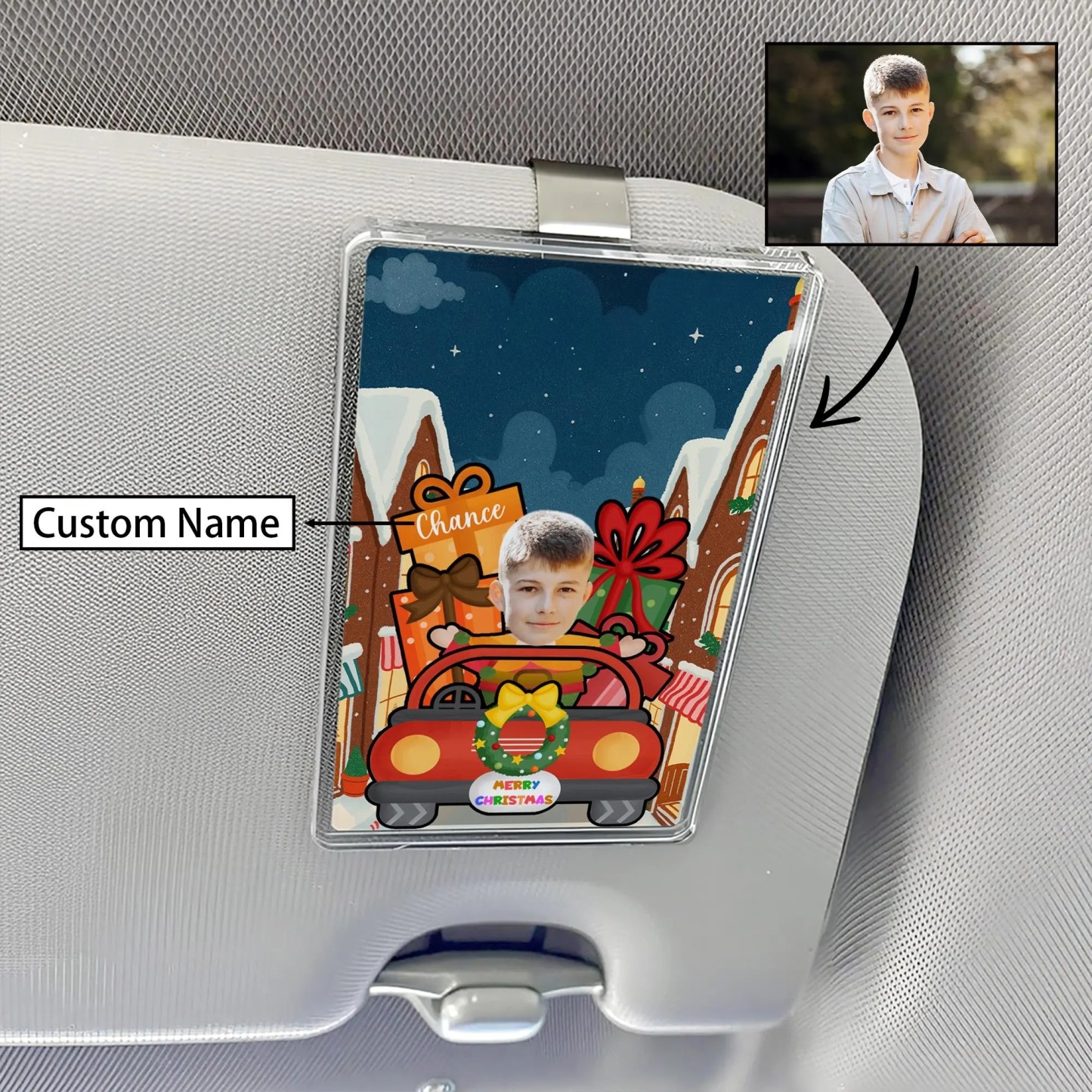 Custom Christmas Acrylic Visor Clip, Personalized Car Accessory Child Photo with Name, Funny Holiday Driving Gift Decoration, Christmas Gift - 